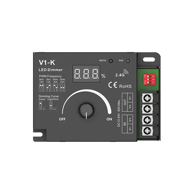 V1-K 20A 1CH Rotary Knob LED Dimmer DC12-24V R11 2.4G RF Touch Remote Controller EV1 1CH*8A Power Repeater for LED Strip Light