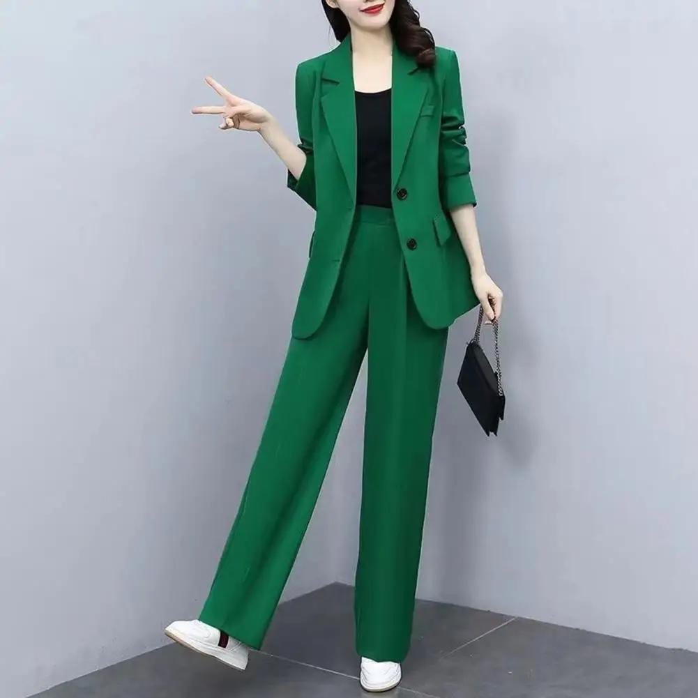 Womens Suits Fashion Single Buttons Business Blazer Solid Casual Coat Trousers 2 Pcs Set Office Ladies Wear Wide-Leg Pants