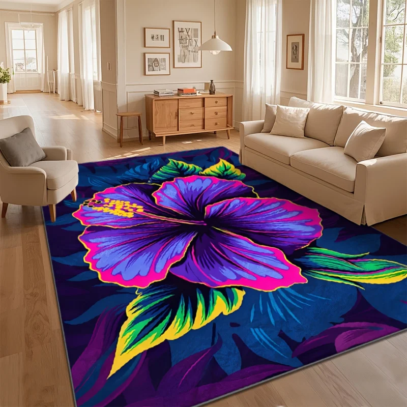 VIKAMA Vibrant Hibiscus Flower Print Area Rug Non Slip Soft Floor Carpet for Living Room Bedroom Tropical Style Home Decor Mat