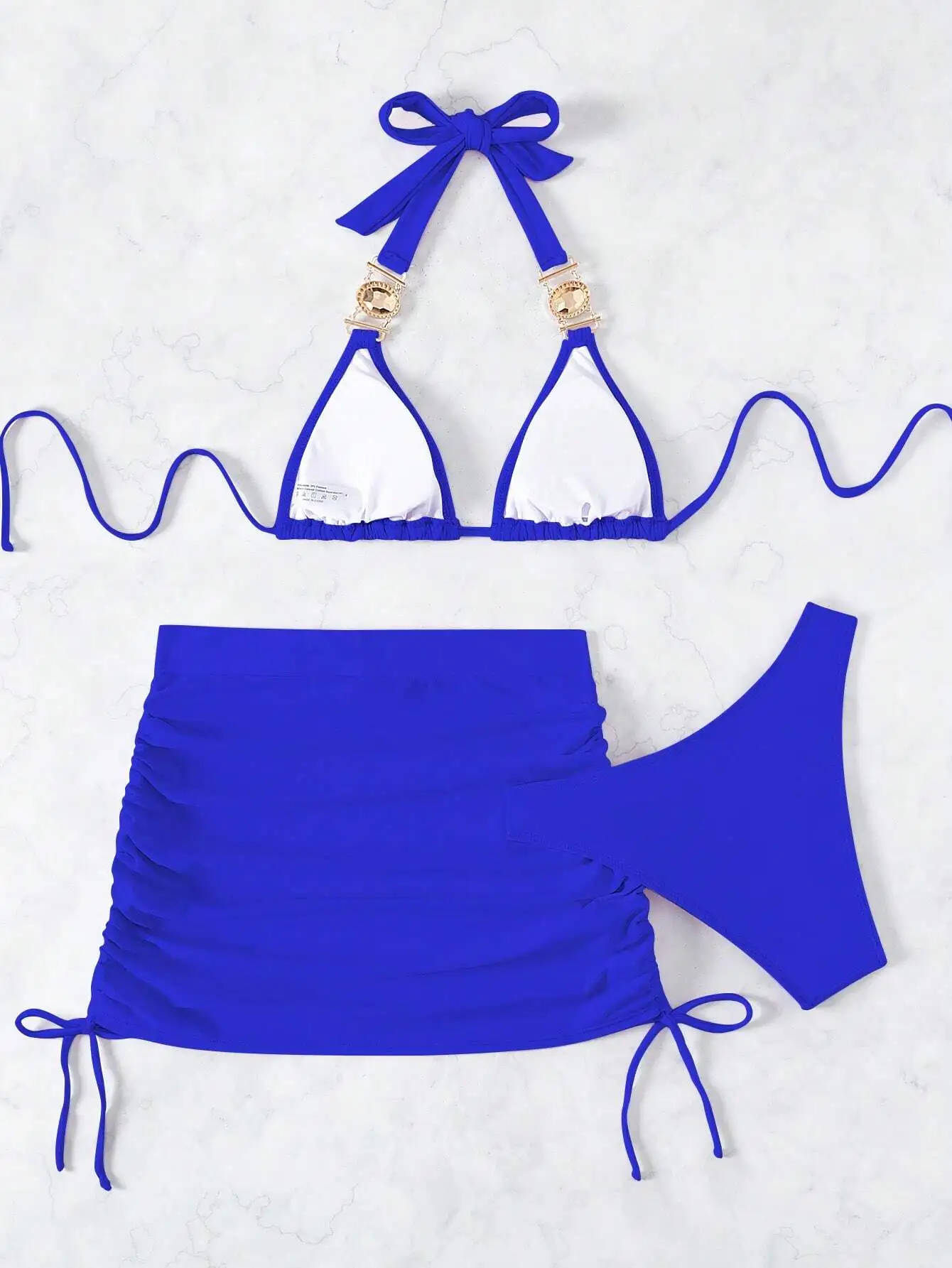 

Solid Color Halter Strap Bikini Set With Cover Up Skirt 3pcs Summer Beach