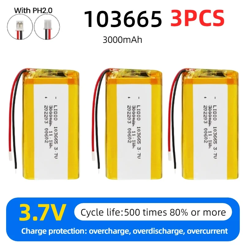 3.7V 3000mAh 103665 Li-Polymer Rechargeable Battery For Fingerprint Lock Pet Waterer Electric Shaver DVD Lipo Lithium Cell