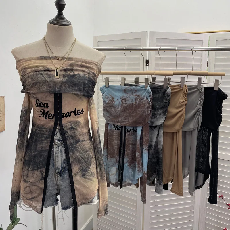 Women's Sexy See Through Mesh One Shoulder Bandeau Top Fashion One-Piece Long Sleeve Cardigan Tie-Dye Button Top Streetwear1180