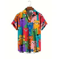Camisa con estampado 3D de gato de dibujos animados, camisa hawaiana de manga corta Unisex de vitalidad juvenil de verano, Tops con solapa Harajuku de moda urbana