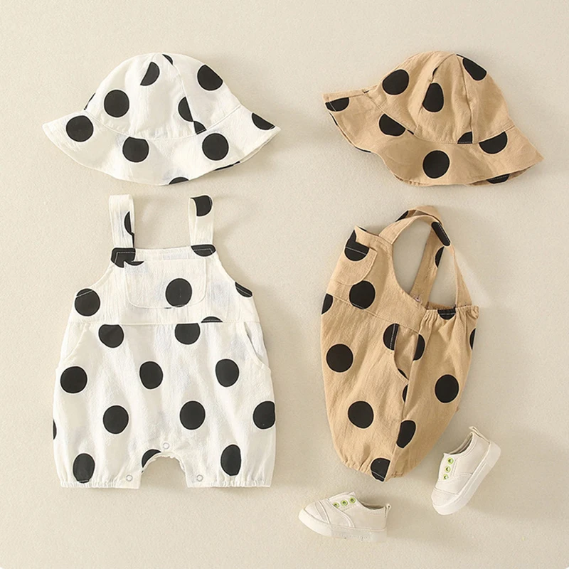MILANCEL New Summer Baby Rompers 3-24M Cute Dots Toddler Girls Suspenders Jumpsuit with Hat Korean Loose Infant Outfit