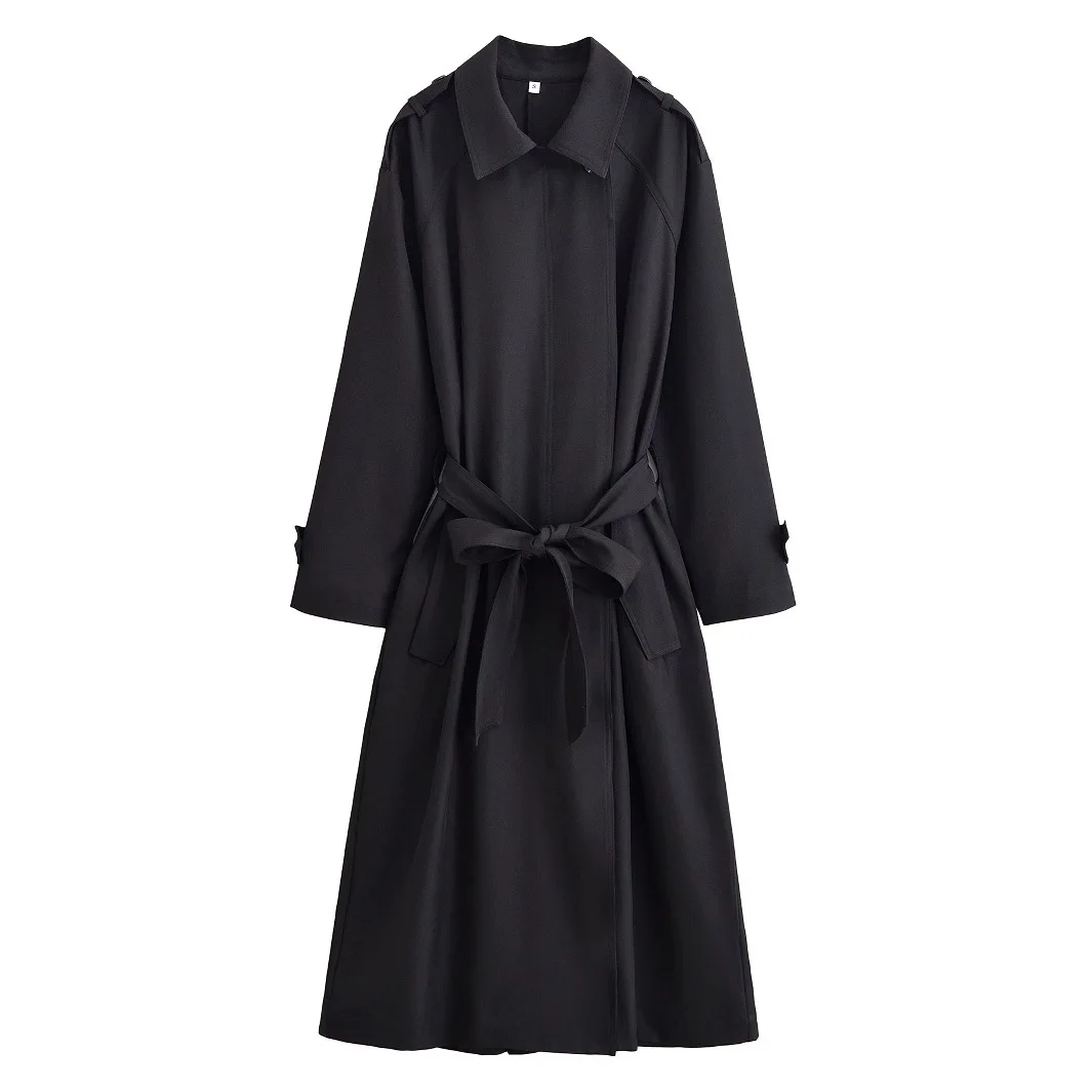 

Loose Women's Long Sve Coat Bla Long Windbreaker Belted Waist Trench Coat Autumn 2025 Faion European Sle Pure Color