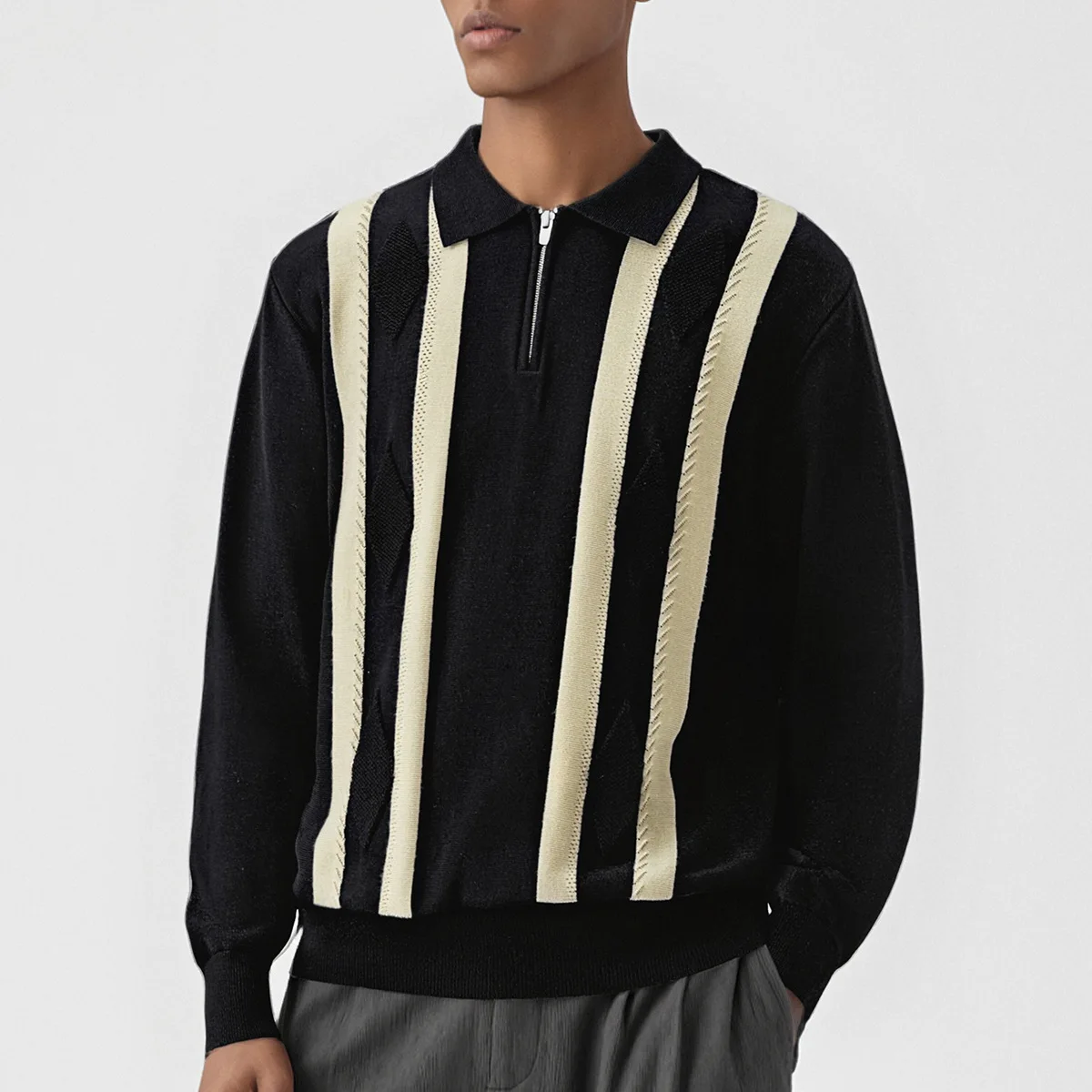 

Men's Turn Collar Business Casual Fashion Vintage Stripe Loose Jumper Pullover Knitted Sweaters Man Streetwear Knitwear Tops
