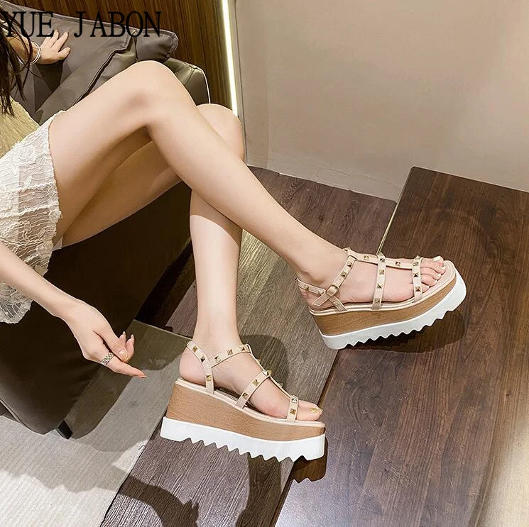 High Platform Wedges Runway Shoes Woman Summer Ankle Strap Genuine Leather Rivet Decor Sandals Stars Women Casual Shoes Summer