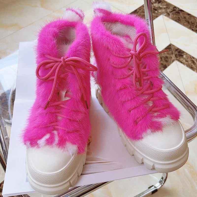 European Station Ladies Mink Hair Casual Shoes Luxury 100% Fur Sneakers Fashion Color Outdoor High Boots 2023 Autumn New