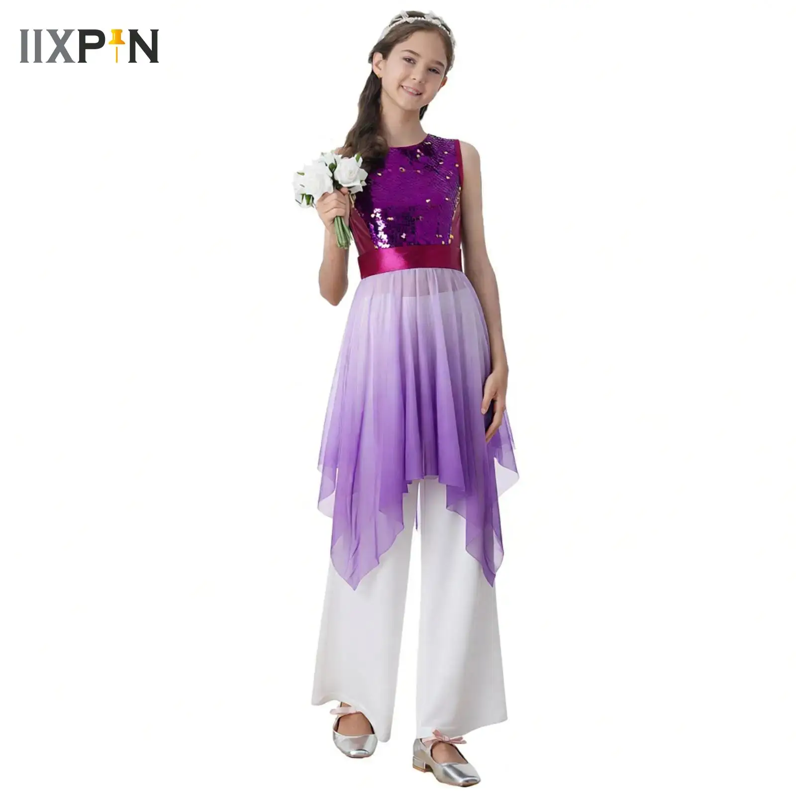 

Kids Girls Liturgical Worship Praise Ballet Lyrical Dance Tunic Dresses+Wide-Leg Pants Set Lyrical Contemporary Dance Costumes