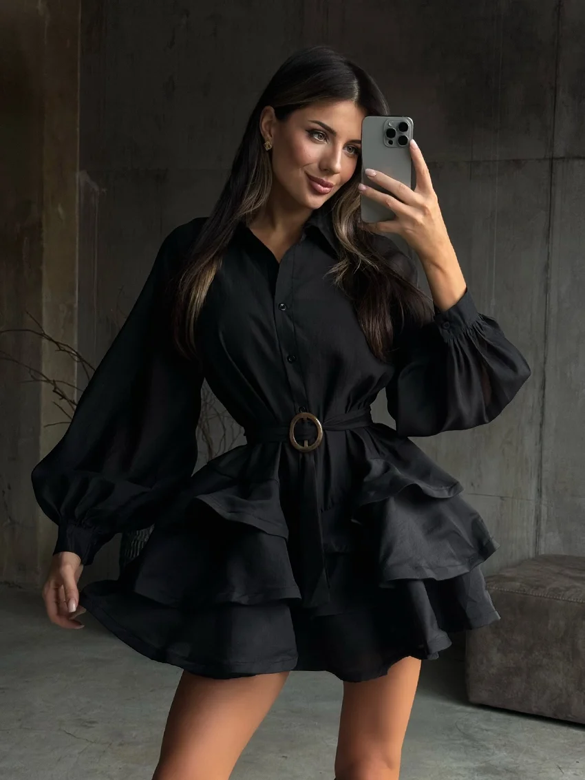 

Marthaqiqi Winter Women Pajama Turn-Down Collar Sleepwear Lace Up Nightgown Long Sleeve Robe Mini Dress Fashion Ladies Nightwear