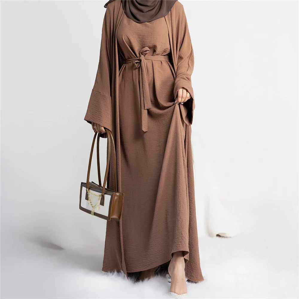 

2 Piece Set Muslim Matching Suit Open Abaya Women Dubai Turkey Dress Ramadan Eid Kimono Cardigan Kaftan Islamic Abayas Clothing