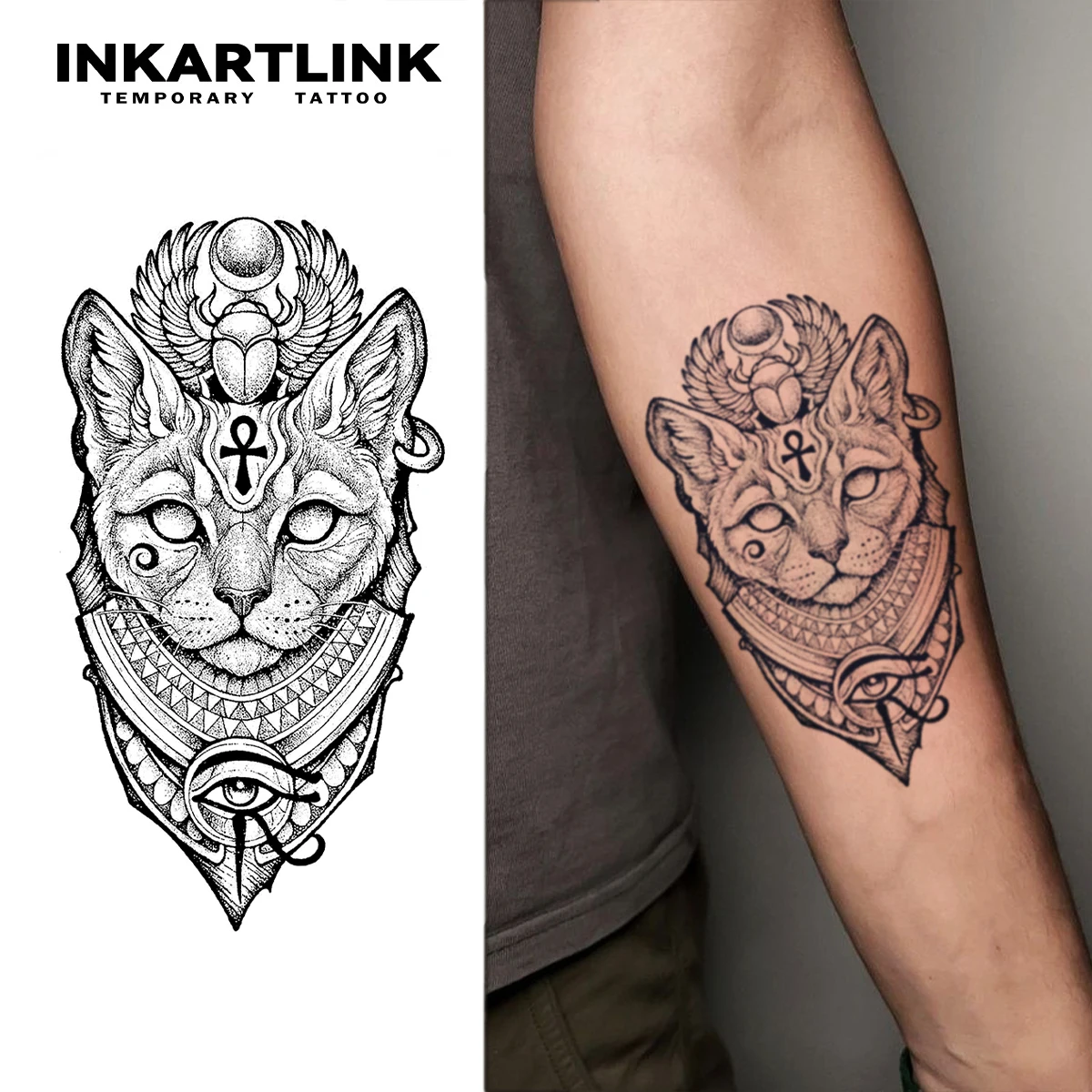 

Тату-наклейка INKARTLINK «Египетский кот» с эффектом сокового разрыва, водостойкая, стойкость цвета до 1-2 недель, незаменима для модных людей