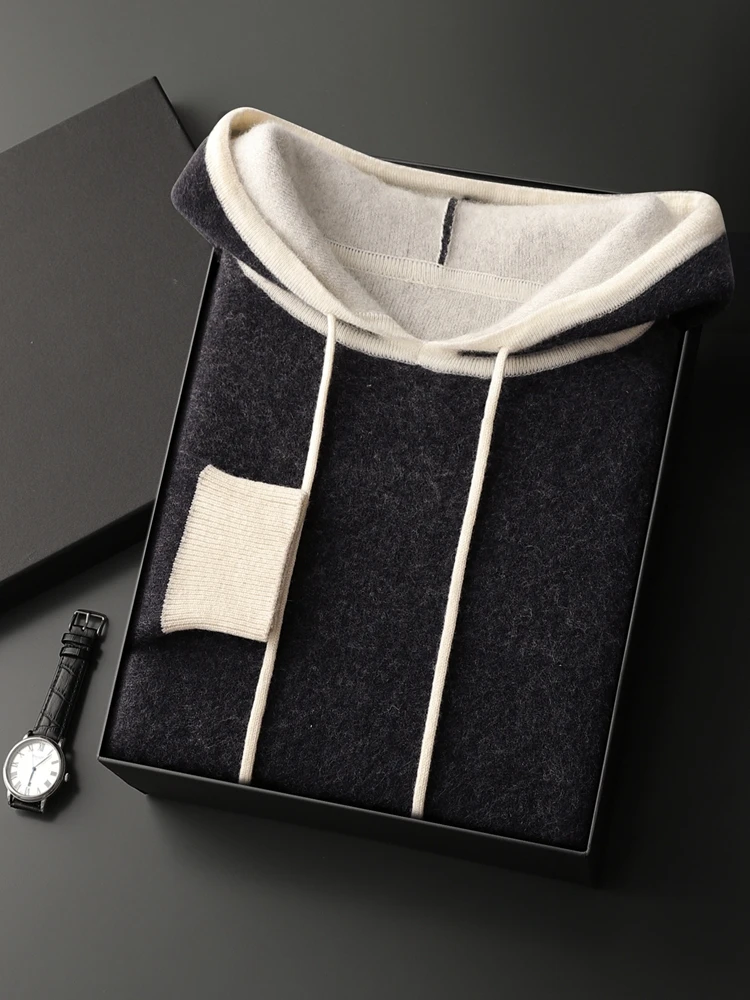High Quality Thick Contrasting Colors Men's Warm Soft Hooded Pullover Sweater 100% Cashmere Autumn Winter Comfort Luxury Style