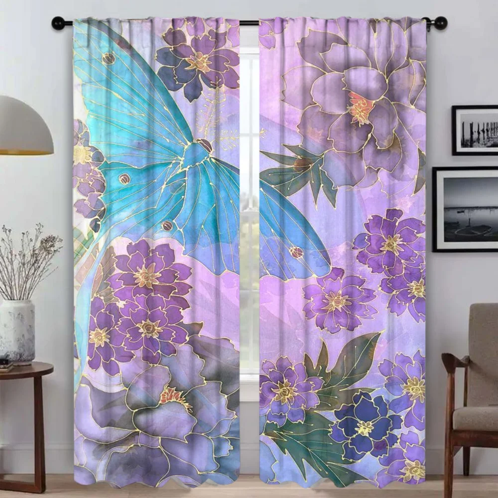 Flowers Home Interior Curtains 2 Pieces Curtains for Living Room Curtain Partition Shades Tulle for Bedroom Halloween Decoration