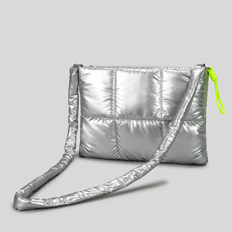 Fashion Quilted Padded Women Shoulder Bags Silver Clutch Purse Casual Nylon Down Cotton 11 Inch Ipad Inner Bag 14Inch Laptop Bag