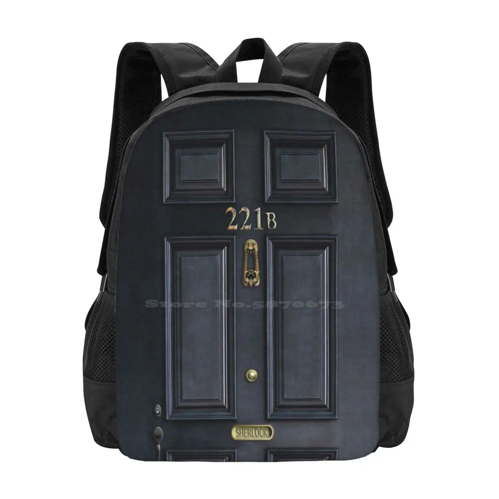 221B Baker Street Black Wood Door School Bag Big Capacity Backpack Laptop Watson Benedict 221B Nerd Geek Britain Uk Telly Tv