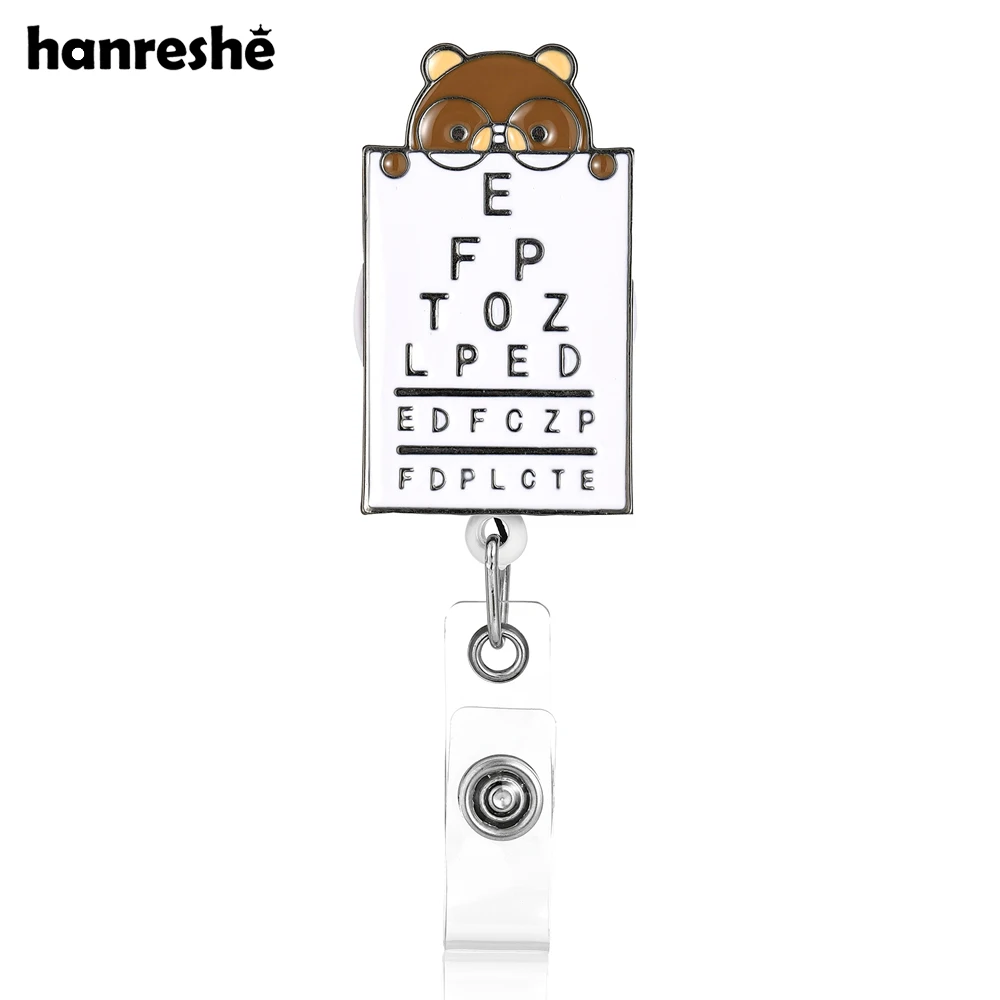 MEDFOLY Eye Badge Reel Retractable Enamel Vision Testing Chart Bear Charm ID Badge Holder Clip for Eye Doctors Nurses