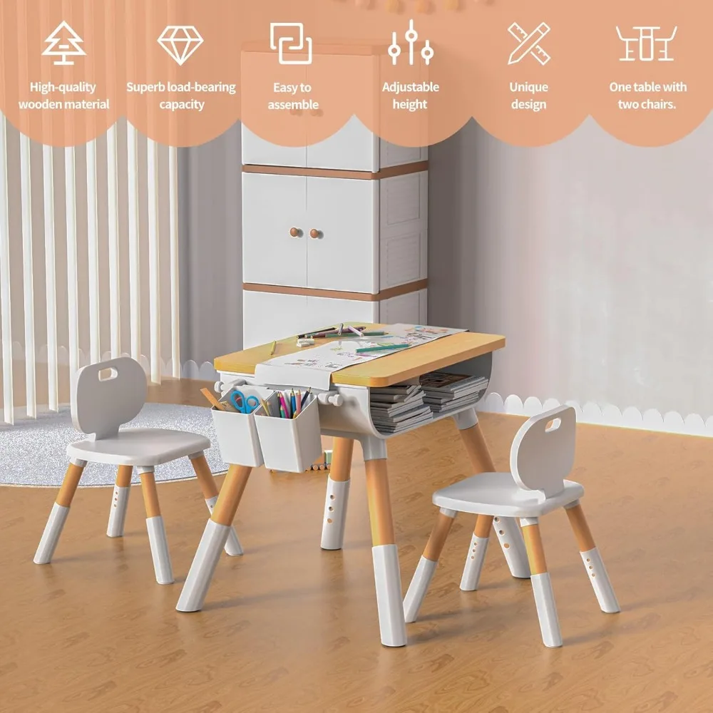 Kids Table and Chair Set, Kids Study Table and Chairs Set, Adjustable Height, Built-in Storage