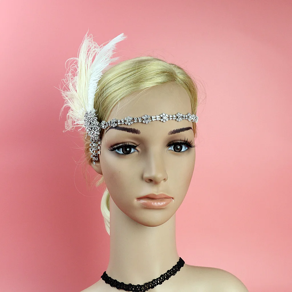 إكسسوارات الشعر حجر الراين الأسود مطرز الترتر رباط شعر 1920s خمر غاتسبي حفلة خوذة المرأة الزعنفة ريشة عقال #4
