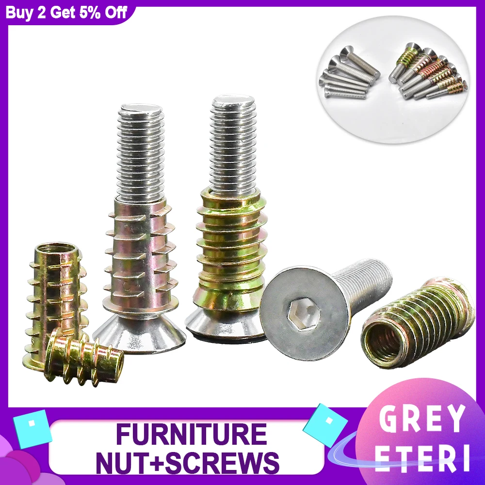 M4 M5M6M8M10 Furniture Nut Zinc Alloy Hex Drive Insert Nuts T-Type Woodworking Wood 304 Stainless Steel Allen Screws combination