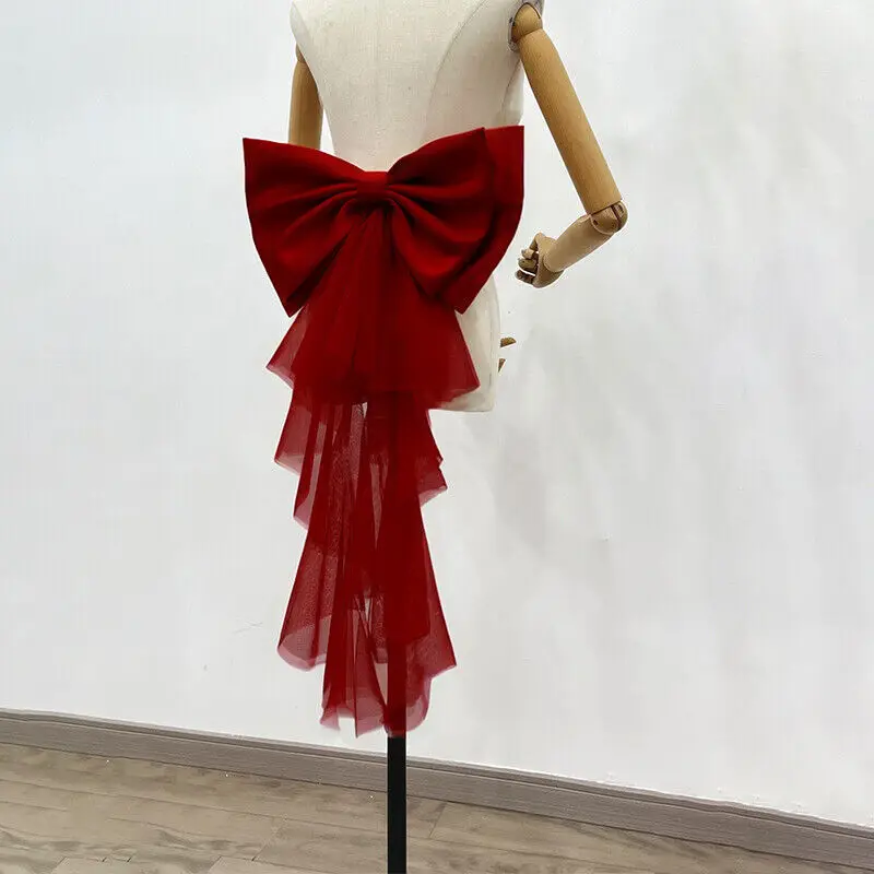 1 Buah Busur Pernikahan Satin dengan Ruffles Tulle Lolita Simpul Pengantin Aksesori Pengantin Ikatan Simpul Dapat Dilepas DIY Ikatan Simpul Buatan Tangan