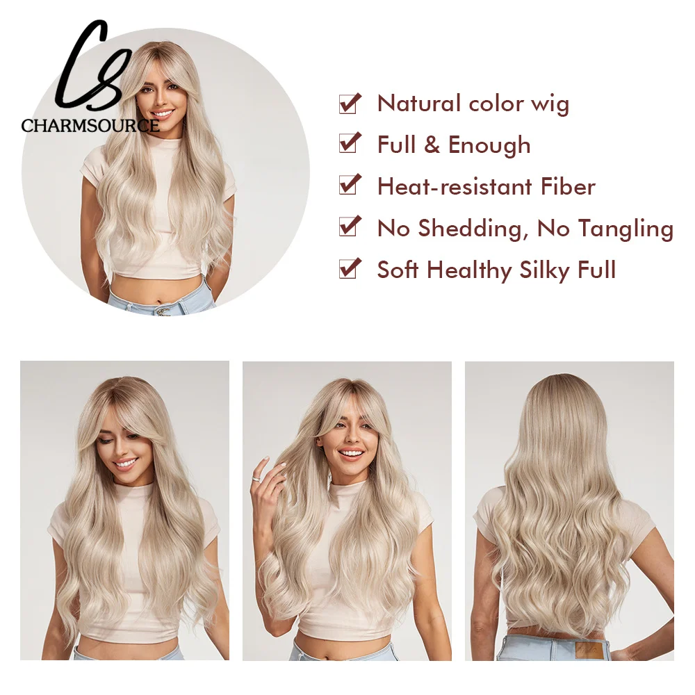 CharmSource Ash Blonde Wavy Synthetic Wig with Bangs Party Dresses for Women Natural Hair Daily Cosplay Heat Resistant Fiber Wig