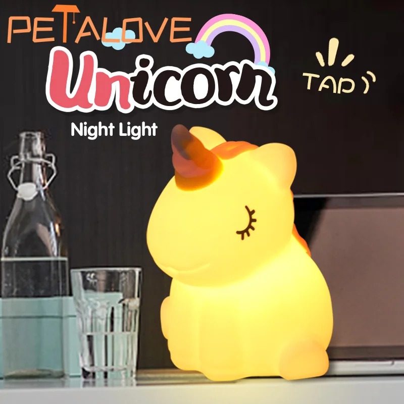 

Unicorn Silicone LED Night Light for Kids Rechargeable Cartoon Animal Bedroom Decor Patting Lamp Valentine's Day Creative Gifts