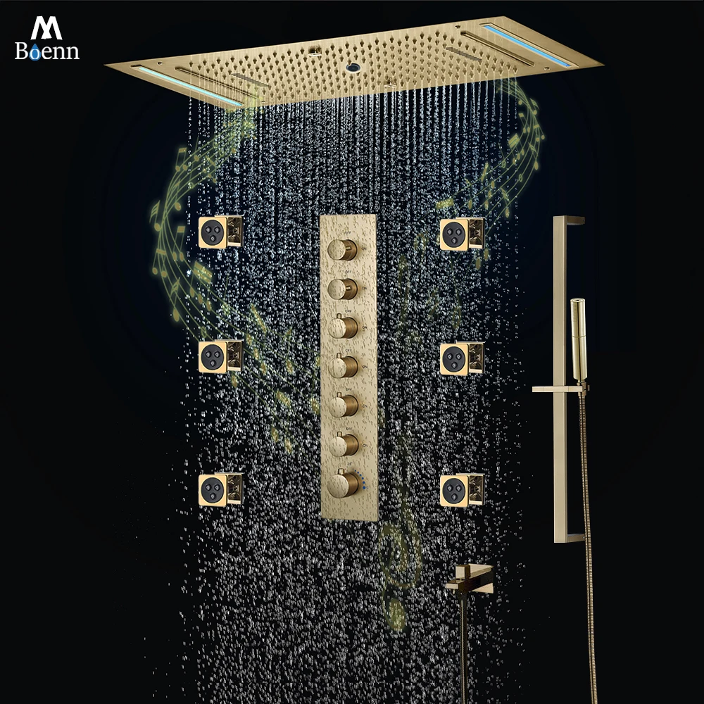 M Boenn 638*338mm Hotel Emotional Appeal Dual Shower Together Bathroom Faucet System Gold Thermostat Mixer Rainfall Shower Head