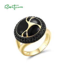 SANTUZZA Genuine 925 Sterling Silver Oriental Ring For Women Sparkling Black Spinel Antique Look Enamel Fashion Fine Jewelry