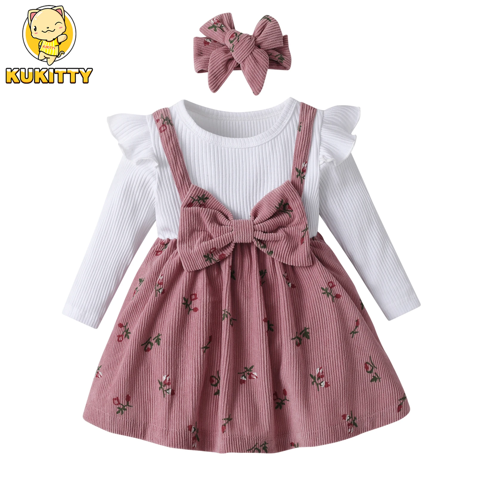 Toddler Baby Girls Princess Dress Spring Autumn Clothes For 0-2 Years Cute Long Sleeve Fake Two Dresses Come with Bow Headband