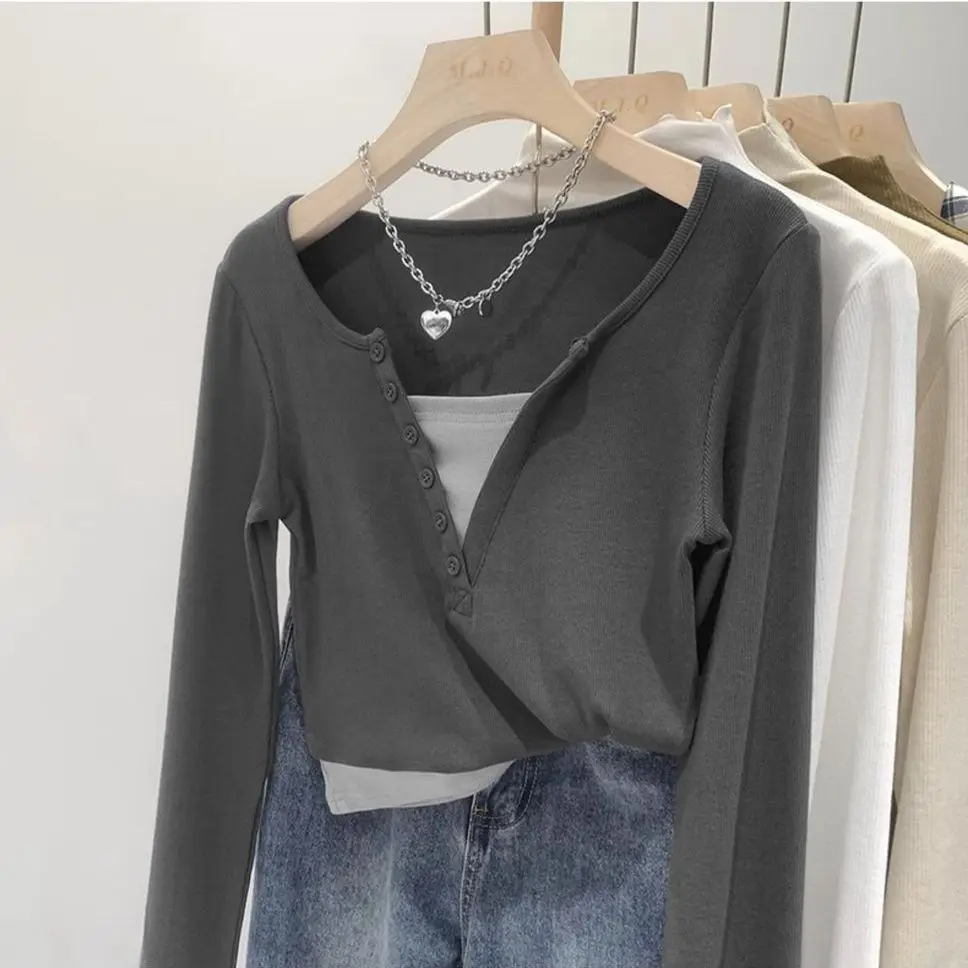 Long Sleeve T-shirts Women Hot Sweet Crop Fake 2 Pcs Tops Autumn New Stylish College All-match Korean Style Chic Feminine V-neck