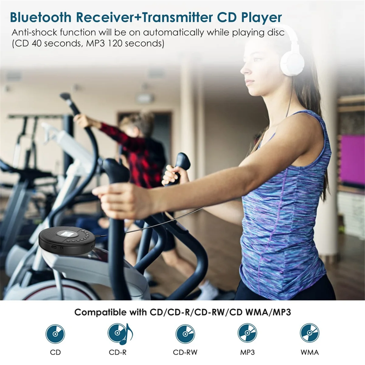 Reliable-CD Player Portable, Bluetooth CD Player with Dual Speaker, Rechargeable Walkman with Headphone AUX Cable for Car-ABDQ