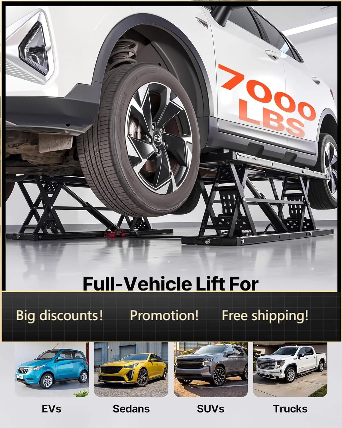 

Portable Car Lift, 7000 lbs Capacity, Heavy Duty Steel Truck Lift with 26.8" Max Height, Pneumatic Pump, Wheels, 4 Rubber Pads &