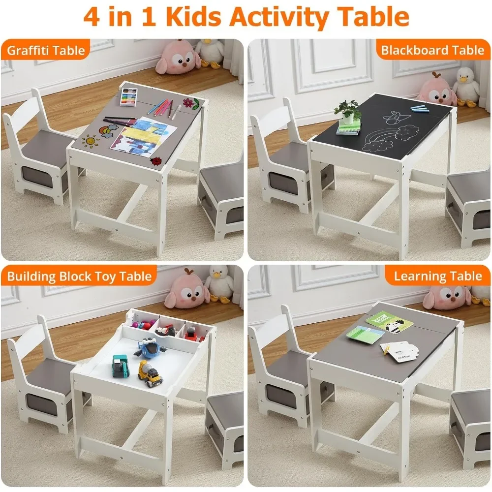 table set, 3-in-1 kids activity table with storage, detachable tabletop, chalkboard, 3-piece toddler furniture set