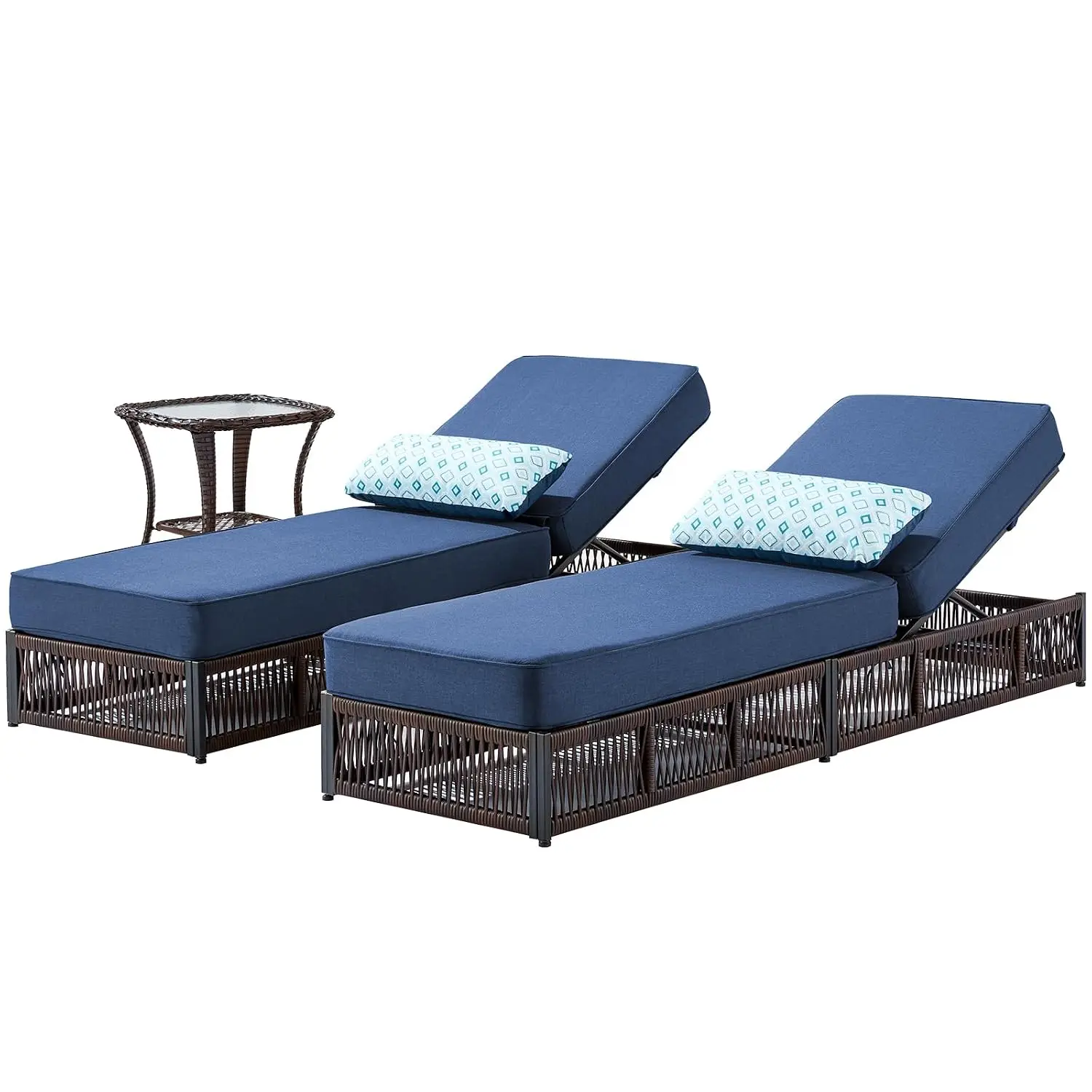 High Back Wicker Patio Chaise Lounge Set 3PCS with 5 Inch Cushions & Side Table for Poolside Sunbathing Navy Blue, Customized