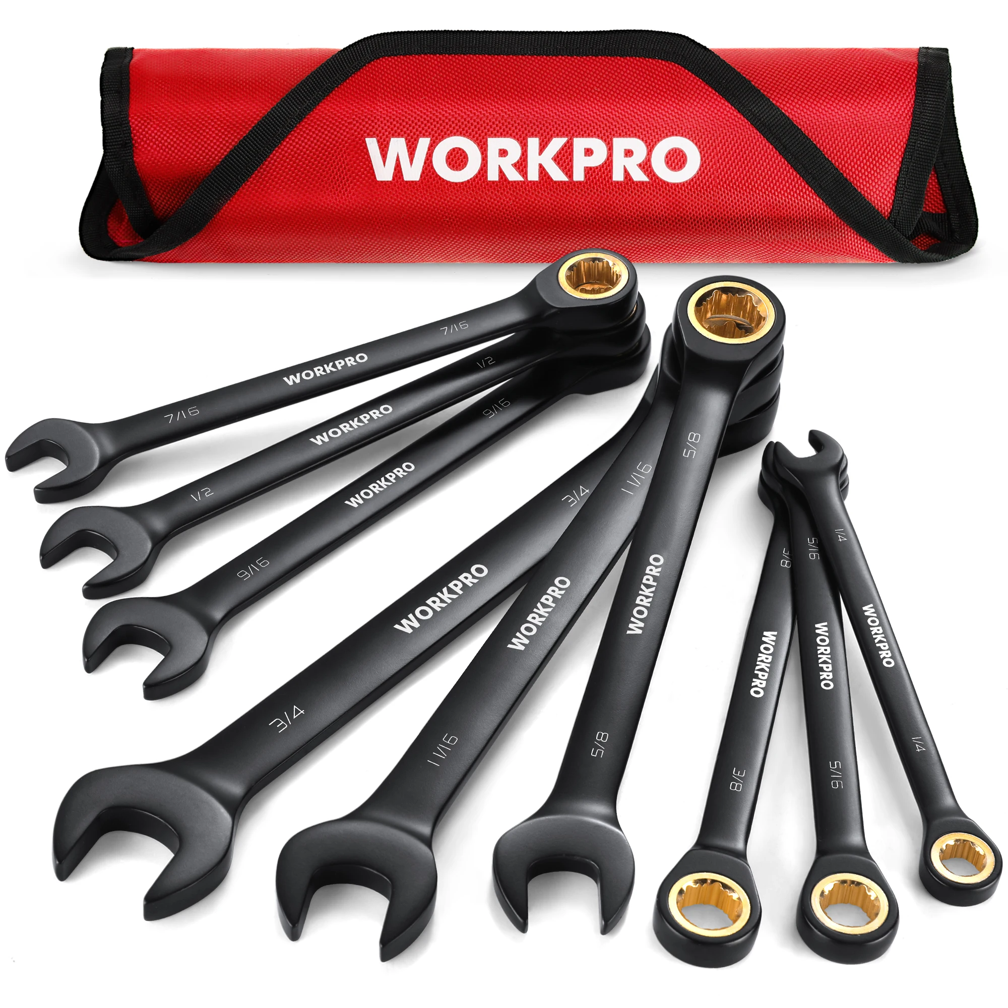 WORKPRO 9 قطعة مجموعة مفاتيح ربط مضادة للانزلاق متري/البحر 8-19 مللي متر 72-الأسنان Cr-V مجموعة مفاتيح بسقاطة سوداء مصممة