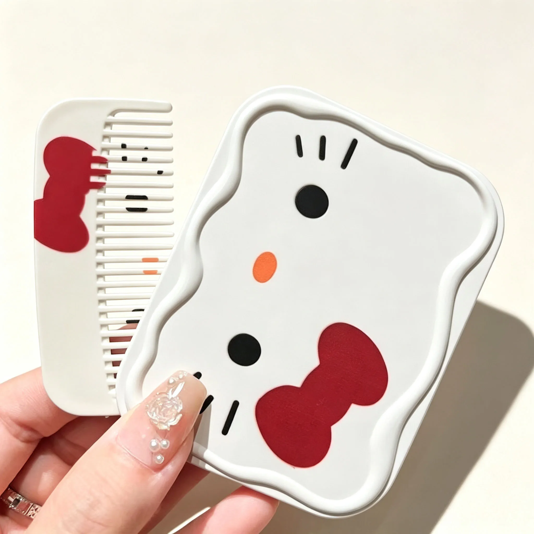 Hello Kitty Foldable Mirror Comb Set Wave Shell Case Built In Hair Comb Kawaii Lightweight Portable Pocket Cosmetic Daily Gift
