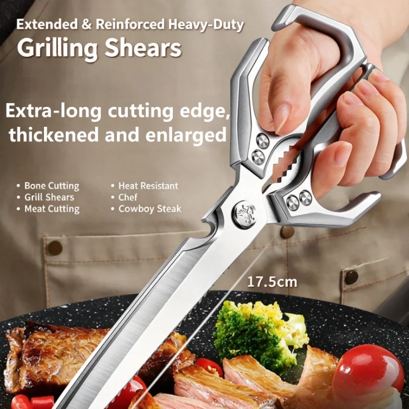 New Extra-Long Stainless Steel BBQ & Kitchen Scissors – Heavy-Duty Food Shears for Home Grilling & Cooking