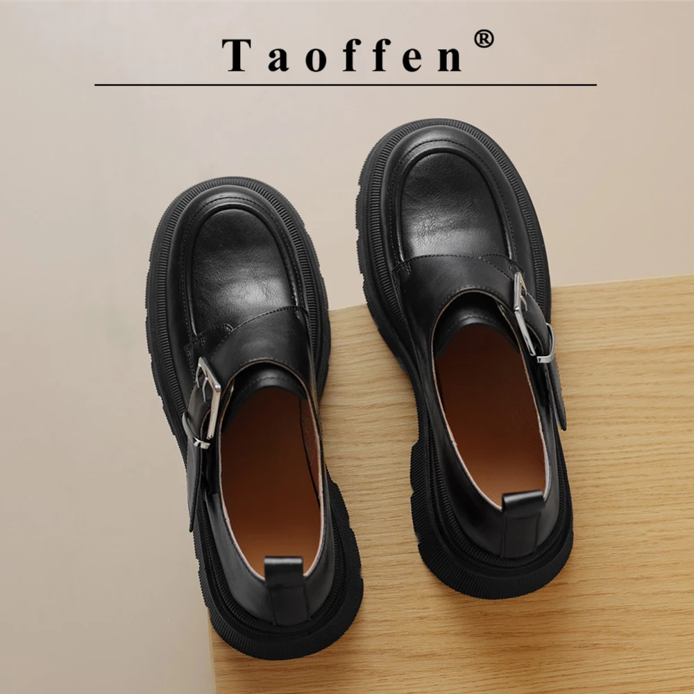 

Taoffen Casual Loafers For Women Genuine Leather Square Heel Metal Decoration Pumps Mature Round Toe Slip-On Office Lady Shoes