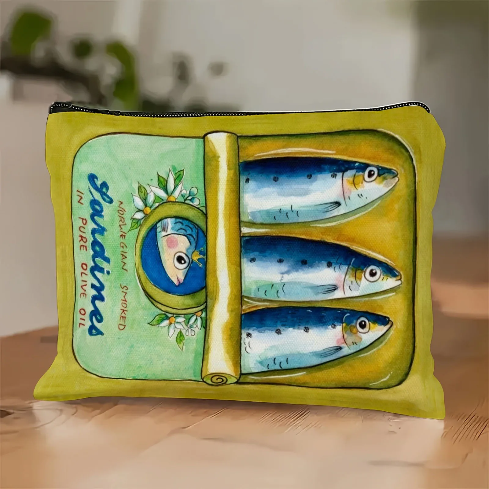 1 Piece Yellow Base Color Makeup Bag with Blue Sardine Pattern - Multifunctional Zipper Pouch for Women, Perfect Travel Zipper Storage Bag, Fun Birthday Gift