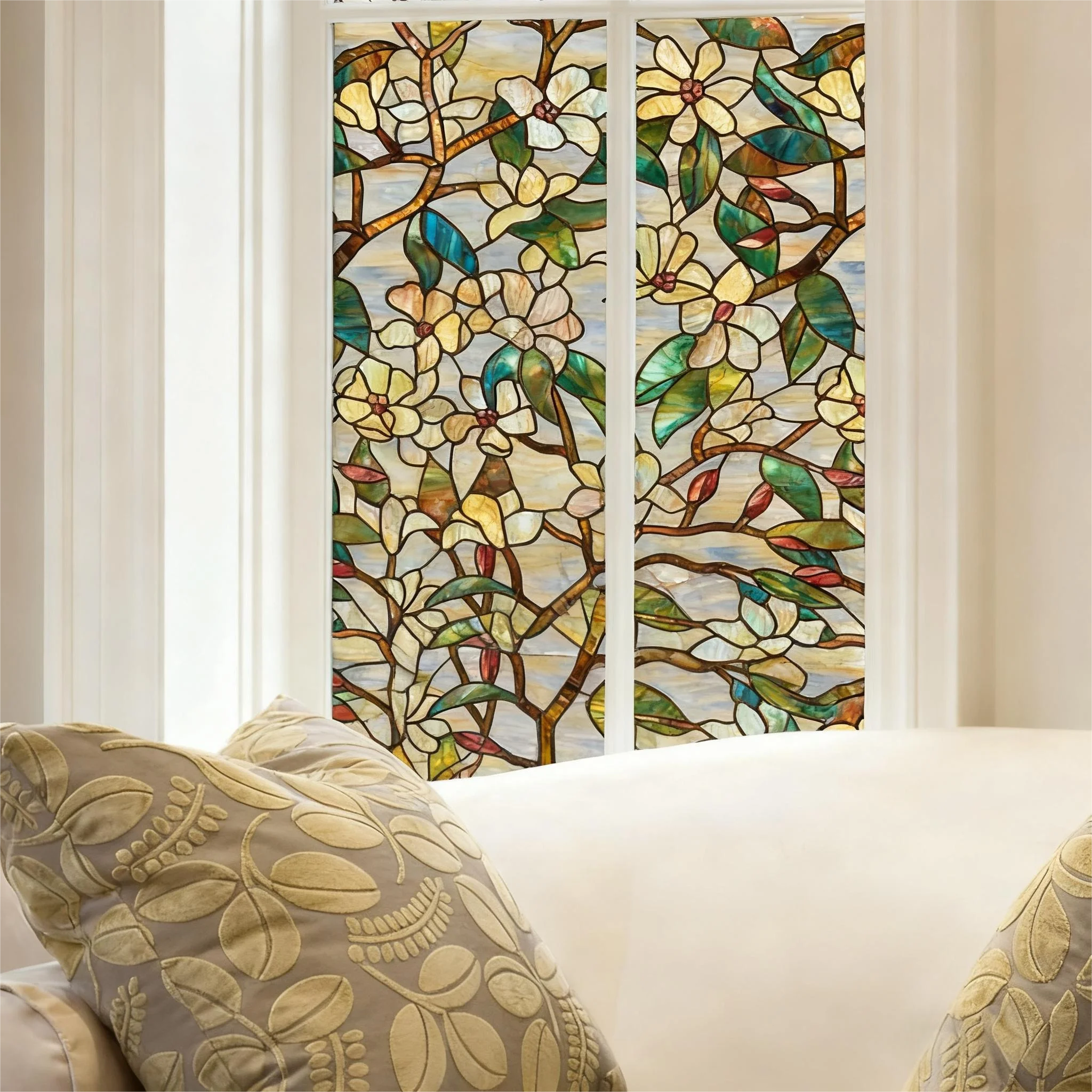 Art Deco European Floral Window Film Rich Colors Privacy Guard Non-Toxic Transform Windows into Art Pieces with Floral Grandeur