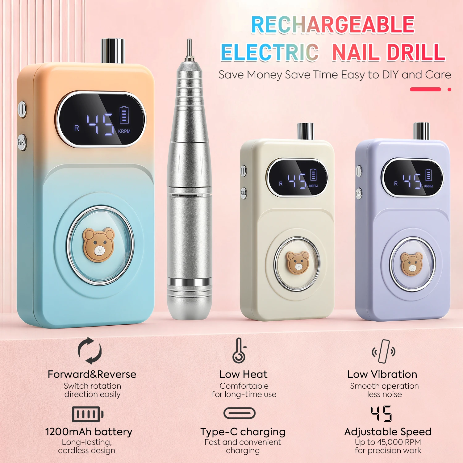 ماكينة حفر أظافر احترافية قابلة لإعادة الشحن 45000 دورة في الدقيقة للأظافر ملف كهربائي مع شاشة عالية الدقة قلم مانيكير معدني لصنفرة الأظافر #6