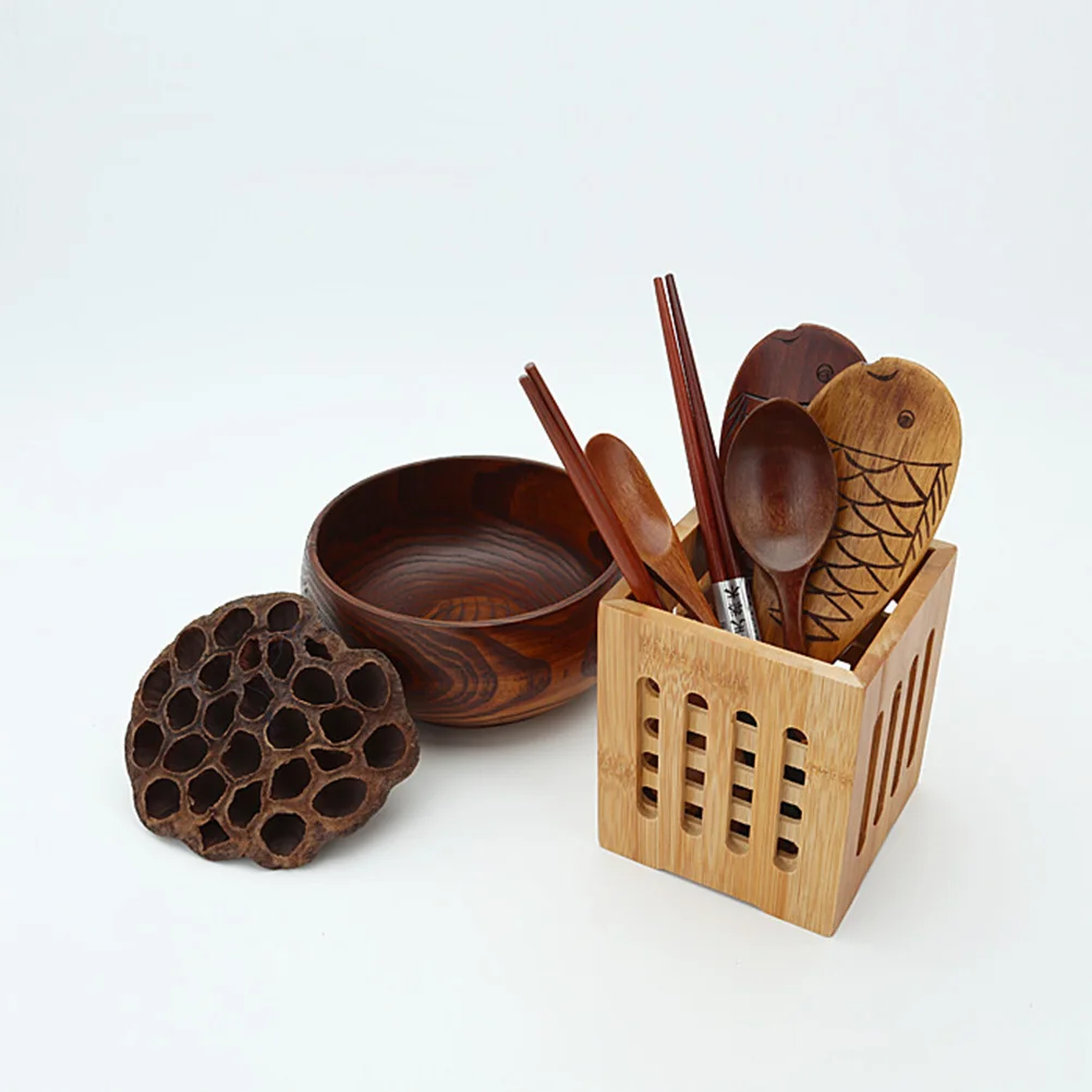 

2Pcs Bamboo Chopsticks Holder Holey Cutlery Organizer Draining Kitchen Utensil Storage Flatware Container Countertop Organizer