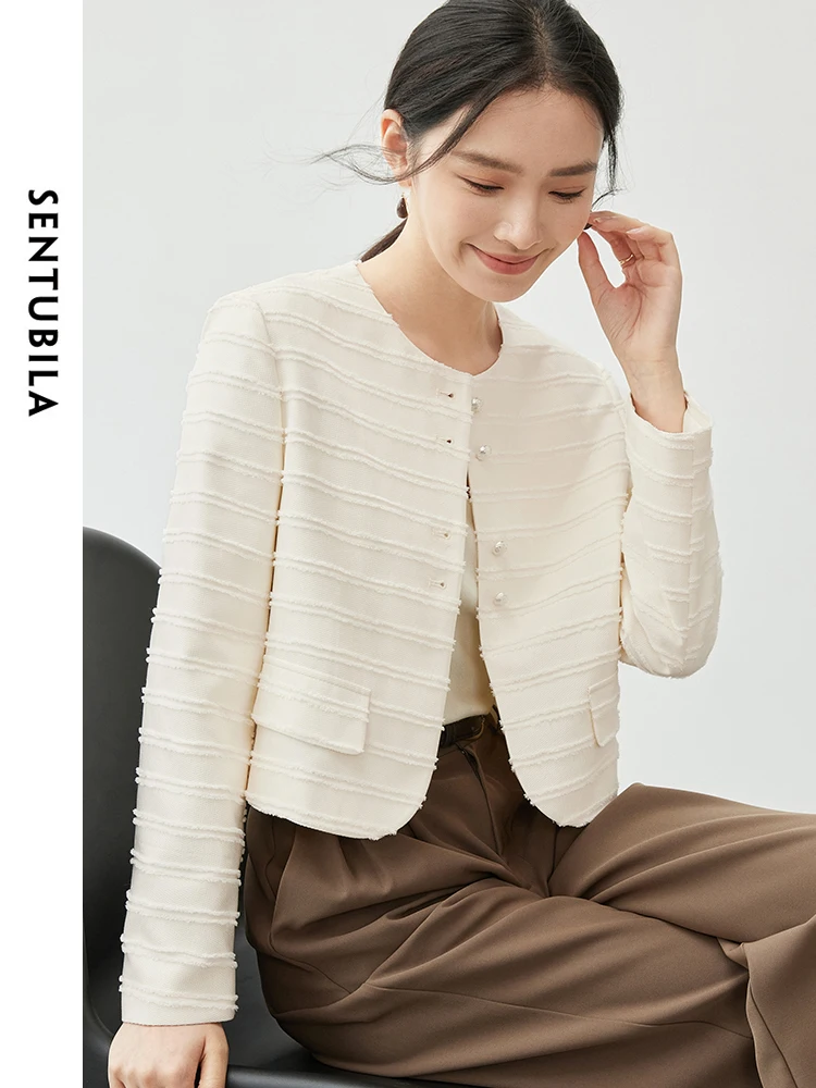 SENTUBILA Women French Cotton Striped Jacket   2024 Autumn Straight O Neck Long Sleeve Texture Elegant  Clothes 143W56525