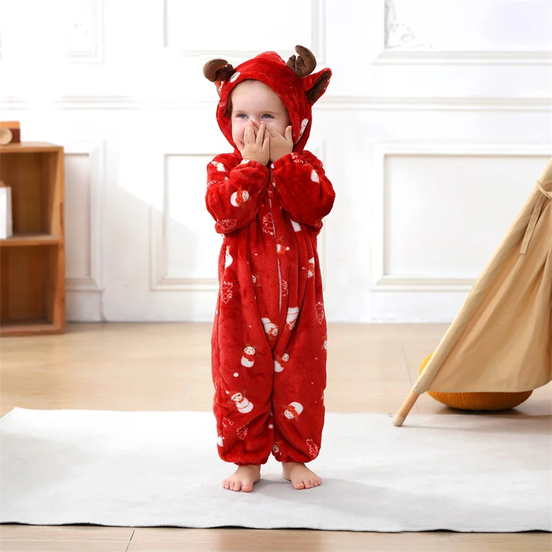 Baby Chirstmas Day Cute Warm Jumpsuits Boys Soft Comfortable Thermal Hooded Romper Girls Outdoor Plush Thickened Overalls