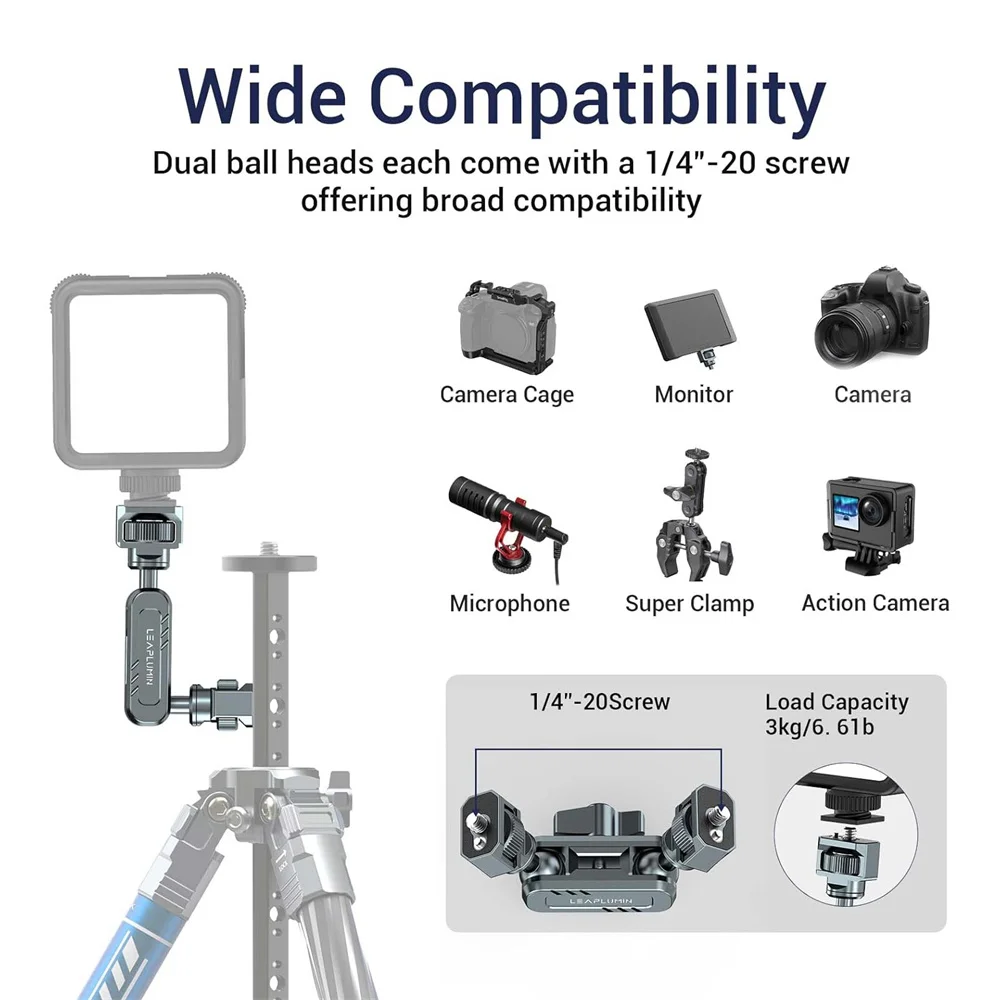 拡張マウント付きダブルボールマジックアーム,カメラ,ビデオ,マイク,ライト三脚,360, 1/4インチネジ,アップグレード用