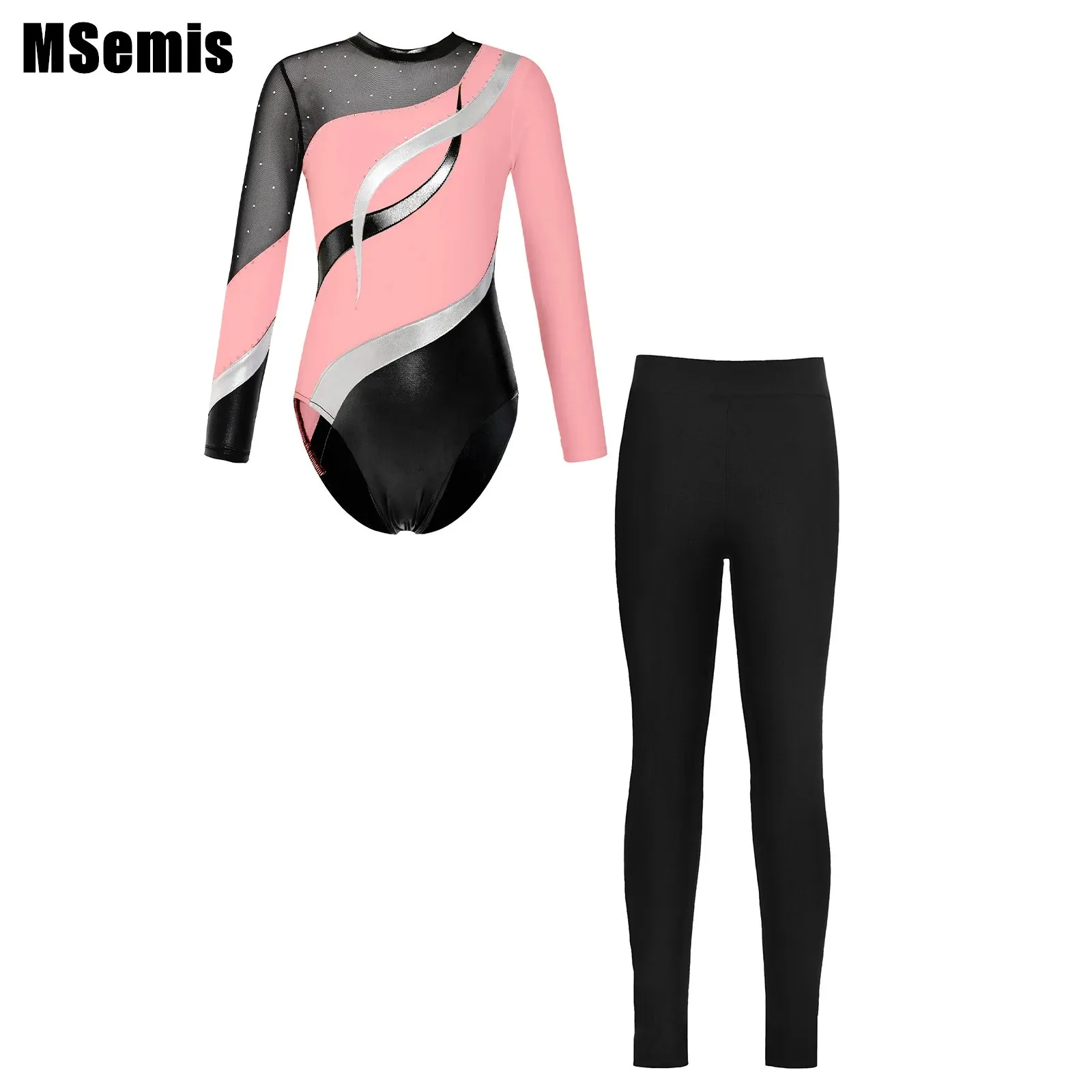 

Kids Girls Gymnastics Dance Set Long Sleeve Patchwork Hollow Back Shiny Rhinestone Decorated Leotard with Waistband Leggings