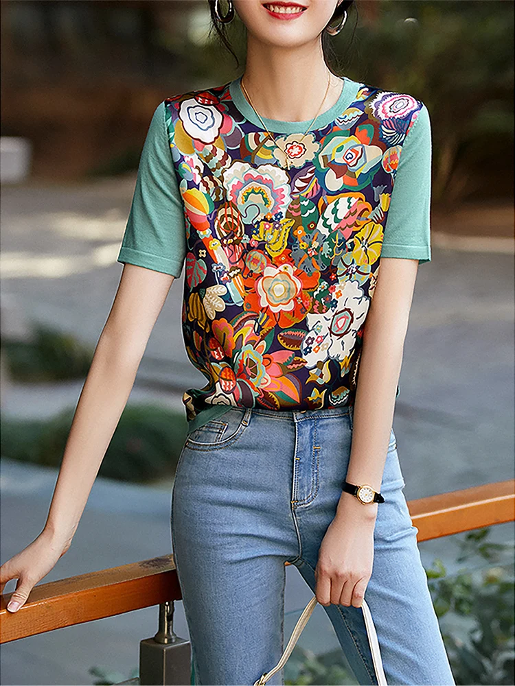 

Comfortable Silk Print Knitted Top Xhange Garden Blooming Woolen Knittedwear Short Sleeve round Neck Commute Style Wome...