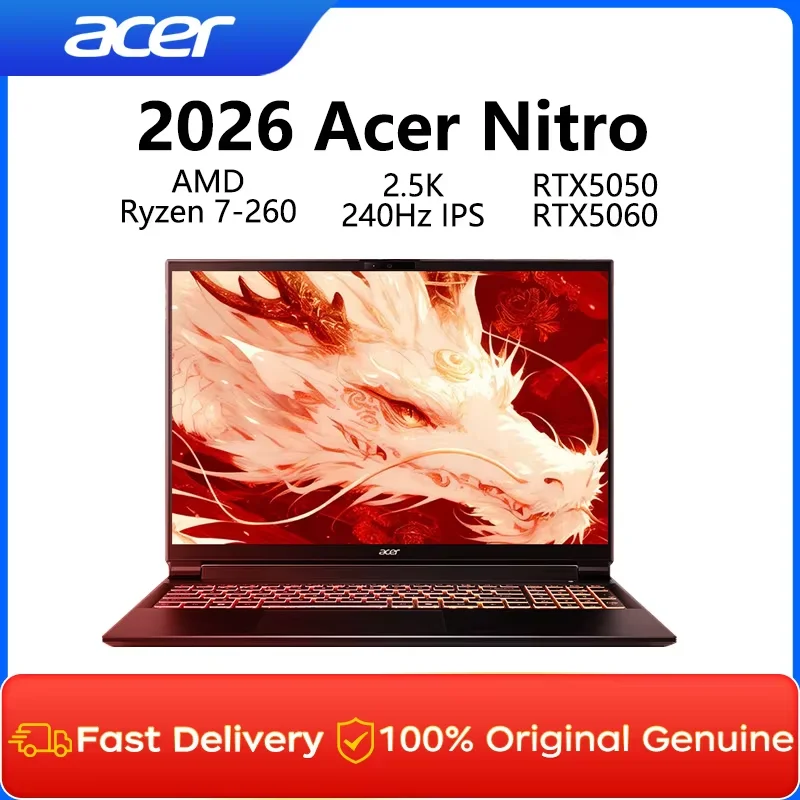 2026 Acer Nitro Gaming Laptop 16 Inch 2.5K 240Hz IPS Screen Notebook AMD Ryzen R7-260H 32GB 1TB RTX5060 Gaming Netbook Computer