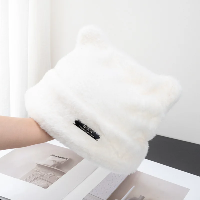 New Women\'s Korean Version Cute Cat Ears Imitation Mink Fur Knit Hat Cold Hat Wool Hat Fashion Versatile Plush Pullover Hat